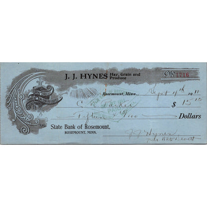1911 J.J. Hynes Hay, Grain & Produce Rosemount MN Bank Check AJ4-3