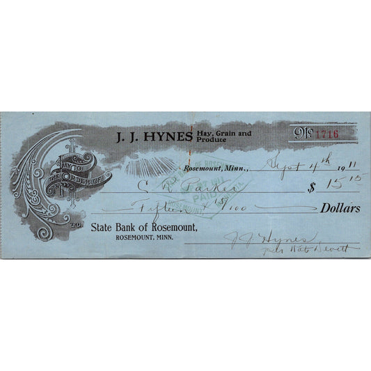 1911 J.J. Hynes Hay, Grain & Produce Rosemount MN Bank Check AJ4-3