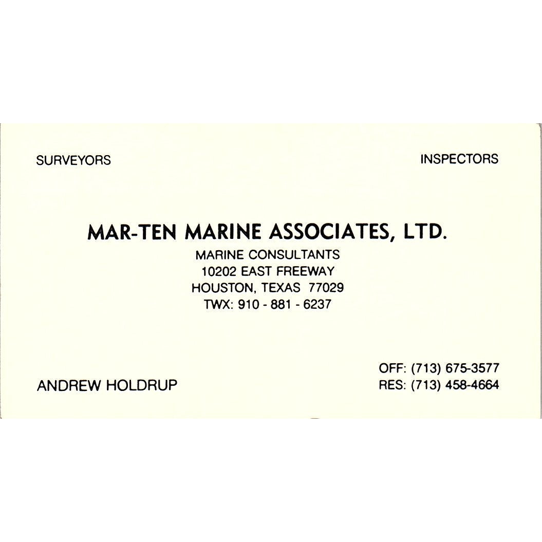 Mar-ten Marine Associates, Ltd. Andrew Holdrup Houston TX Business Card SSB4-B13