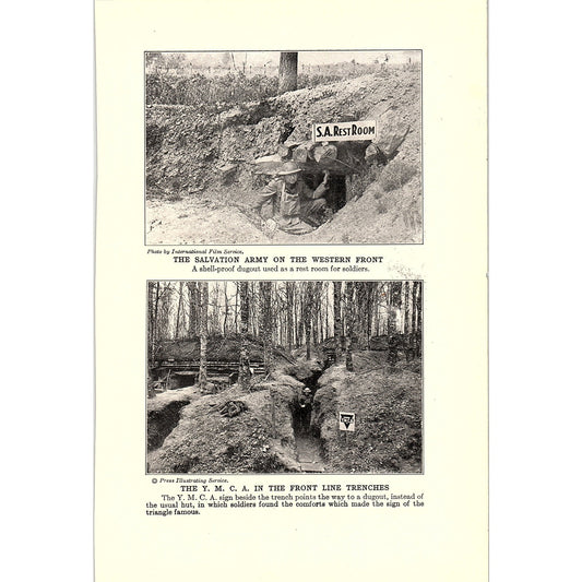 Salvation Army Western Front, YMCA in Front Line Trenches 1919 WWI Print AF9-18