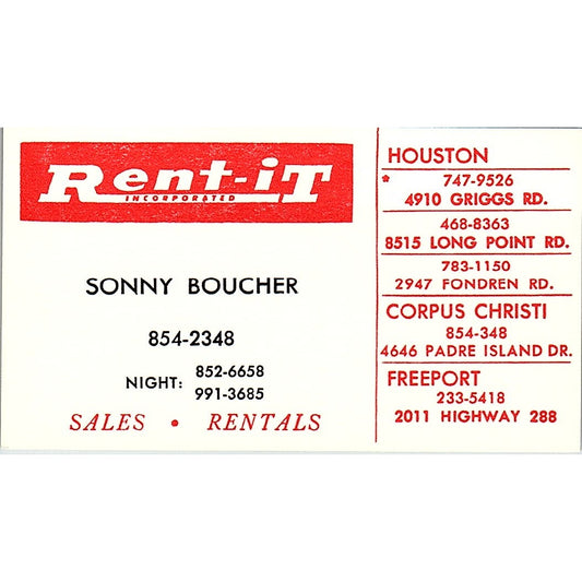 Rent-it Incorporation Sonny Boucher Houston Texas Vintage Business Card SB4-B6