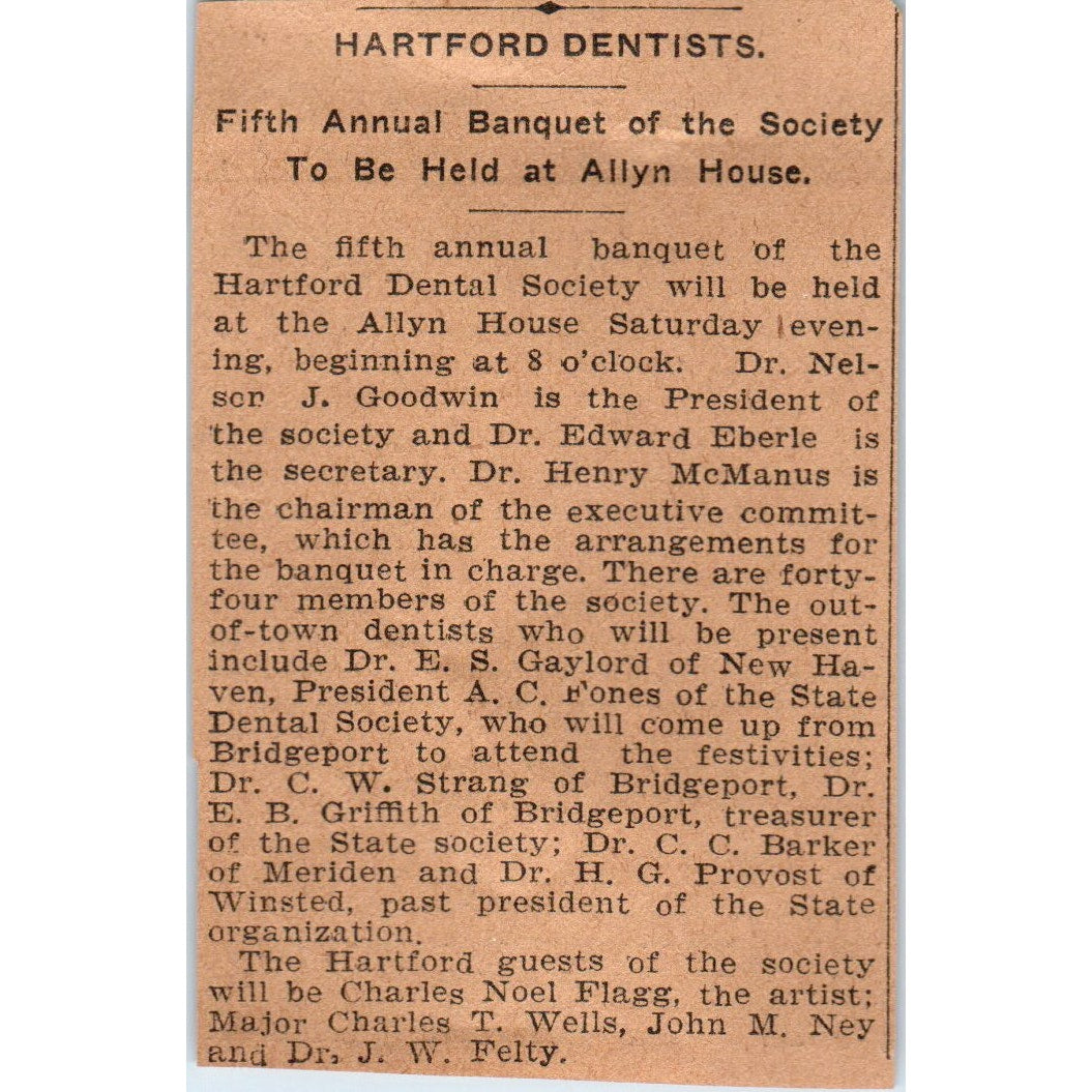 Hartford Dentists Annual Banquet Allyn House Hartford 1901 Newspaper Ad AD8-HS4