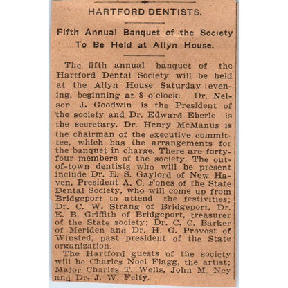 Hartford Dentists Annual Banquet Allyn House Hartford 1901 Newspaper Ad AD8-HS4