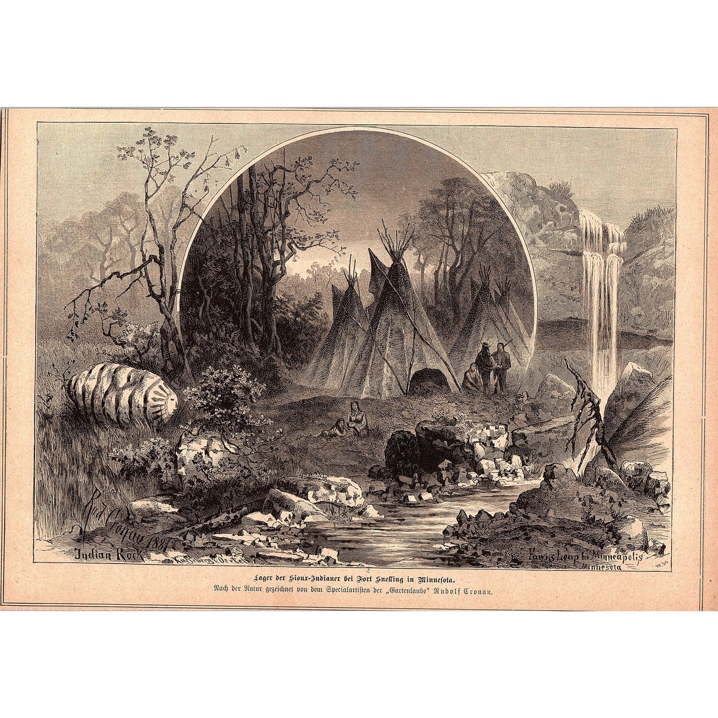 Camp of Sioux Indians Fort Snelling MN Rudolf Cronau 1892 Engraving V1-3