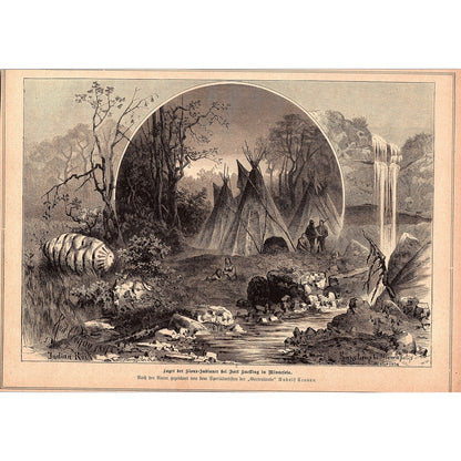 Camp of Sioux Indians Fort Snelling MN Rudolf Cronau 1892 Engraving V1-3