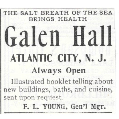 Galen Hall Atlantic City NJ F.L. Young c1918 Original Advertisement AE5-SV1