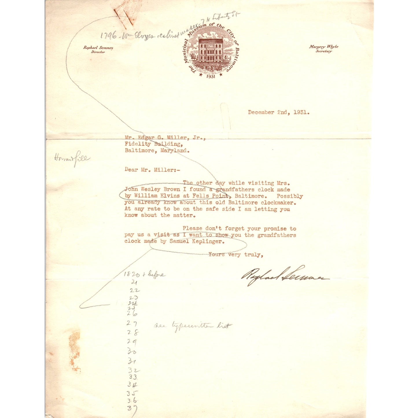 1931 Municipal Museum of the City of Baltimore Letter William Elvins Fells Point D21