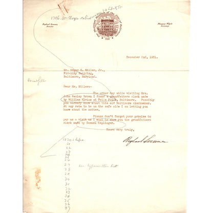 1931 Municipal Museum of the City of Baltimore Letter William Elvins Fells Point D21