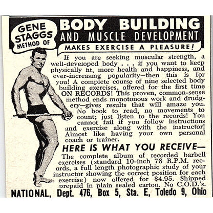 Gene Staggs Method of Body Building & Muscle Development Chicago 1955 Ad AF9-M3