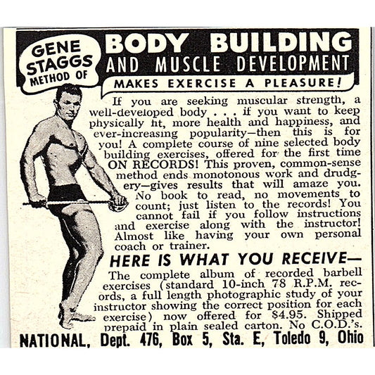 Gene Staggs Method of Body Building & Muscle Development Chicago 1955 Ad AF9-M3
