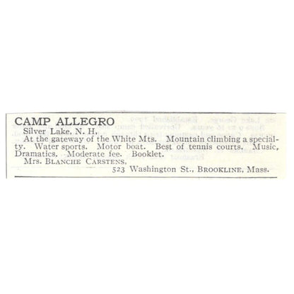 Camp Allegoro Silver Lake NH Blanche Carstens c1918 Advertisement AE5-SA9