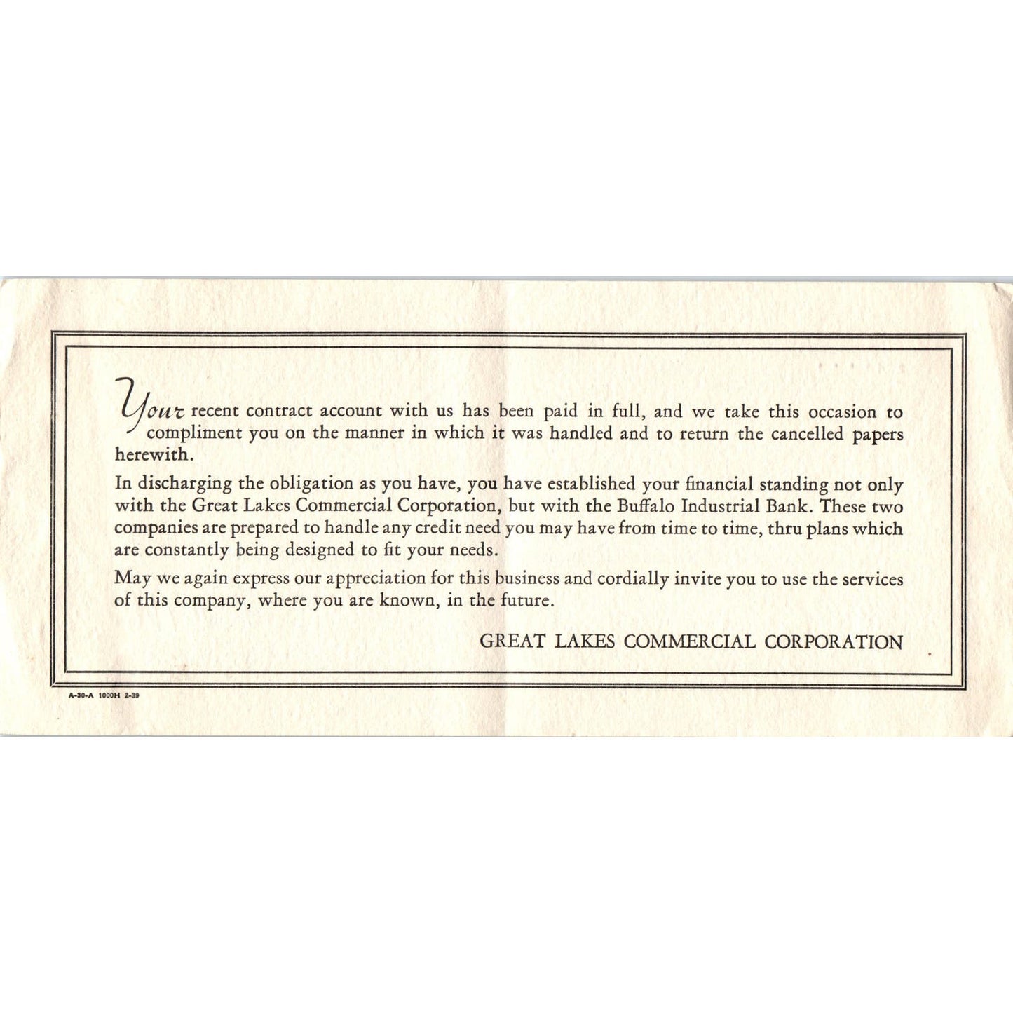 c1930 Great Lakes Commercial Corporation Thank You Graham Dodds Kenmore NY AE6