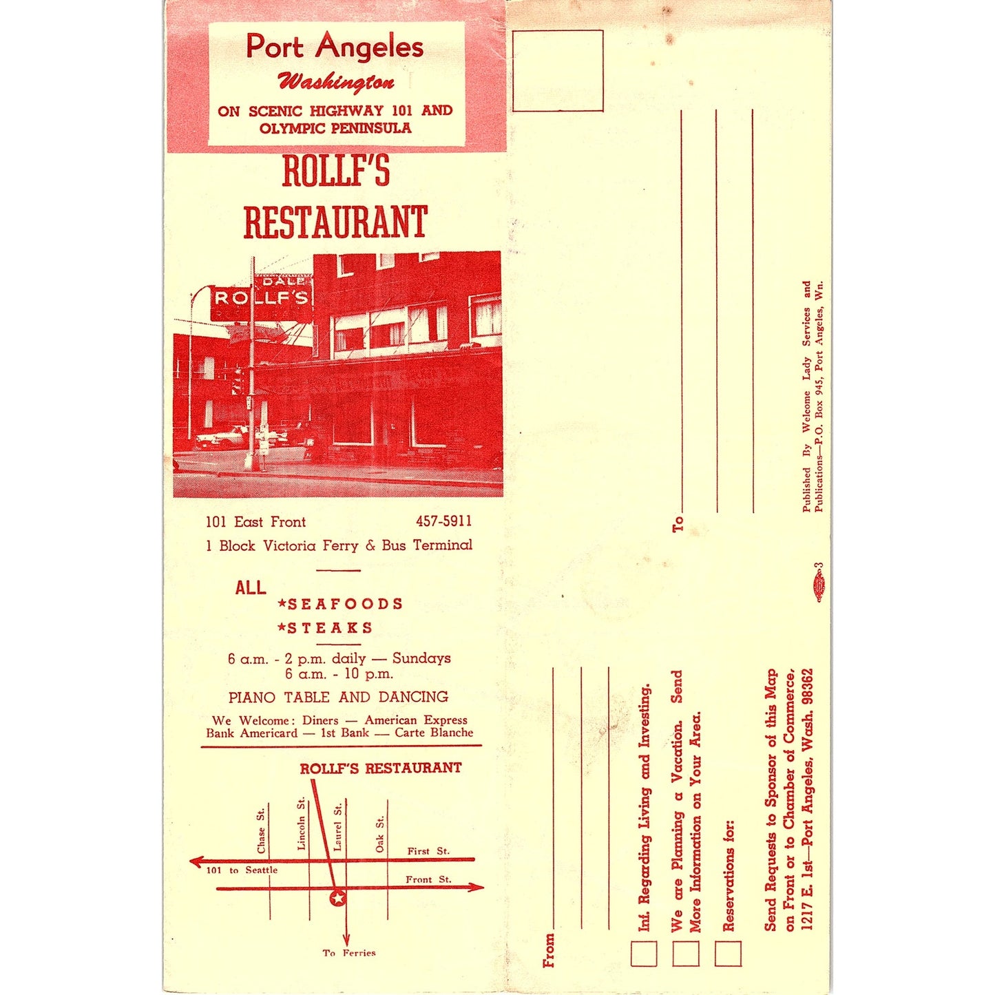 Rollf's Restaurant Port Angeles WA Map 1960s Travel Brochure TH2-TB4