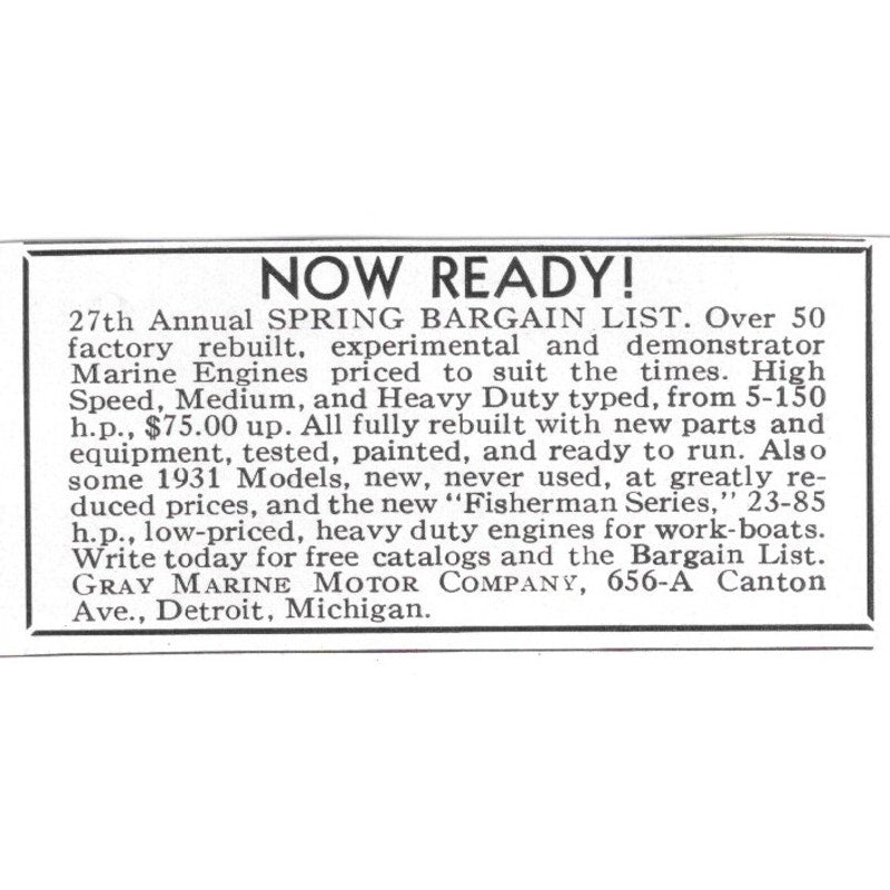 Gray Marine Motor Company Spring Yacht Bargains Detroit MI 1932 Ad AG2-M20
