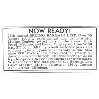 Gray Marine Motor Company Spring Yacht Bargains Detroit MI 1932 Ad AG2-M20