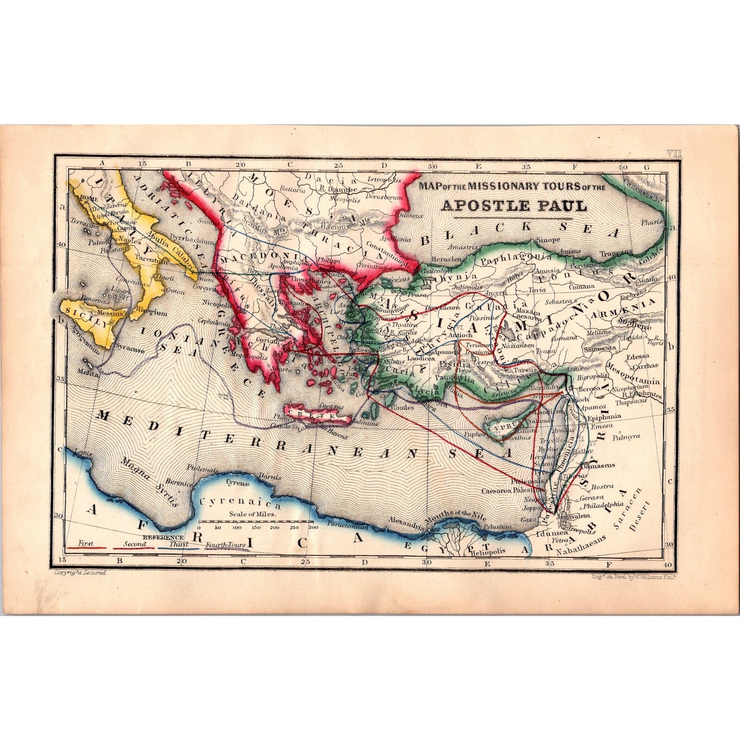 1864 Map of The Missionary Tours of The Apostle Paul Tinted Engraving AJ6-2