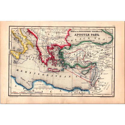 1864 Map of The Missionary Tours of The Apostle Paul Tinted Engraving AJ6-2