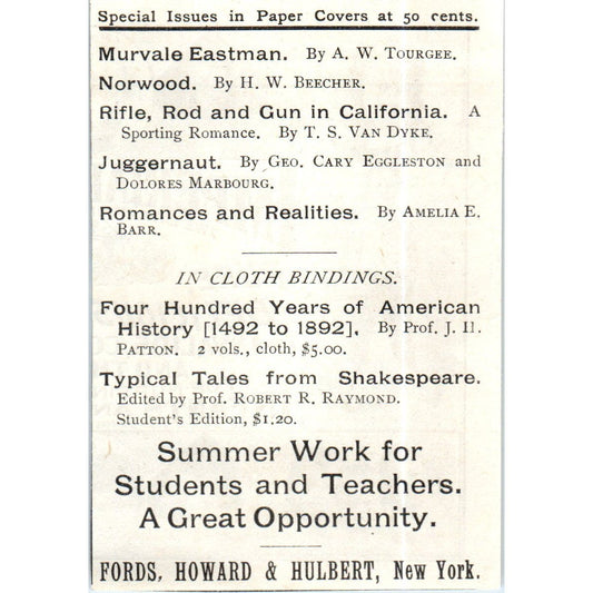 Fords, Howard & Hulbert Summer Work for Students, Teachers c1890 Ad AE8-CH6