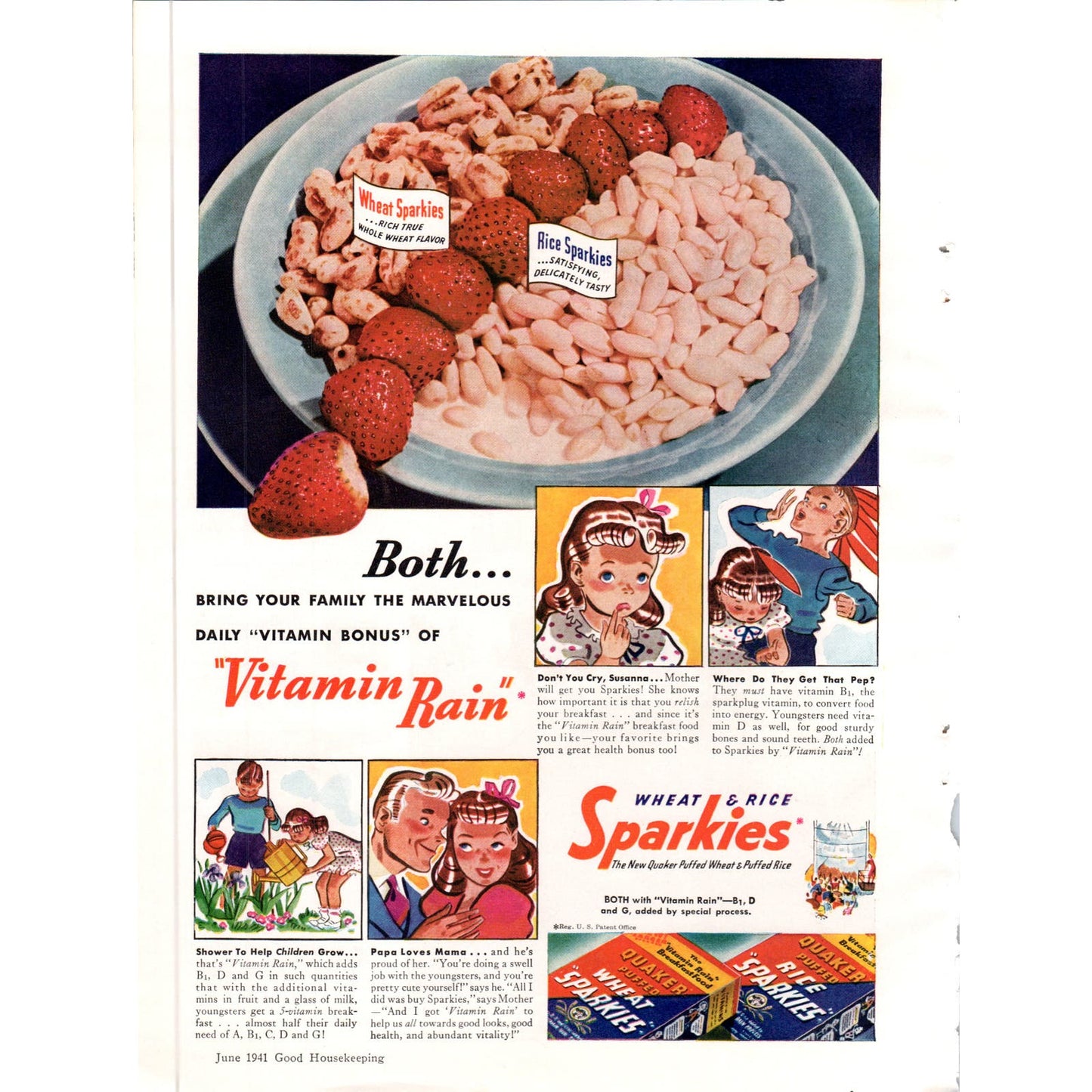 Quaker Wheat & Rice Sparkies Cereal Vitamin Rain 1941 Vintage Magazine Ad D10