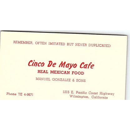 Manuel Gonzalez & Sons Cinco De Mayo Cafe Wilmington CA Vtg Business Card SD9-B9