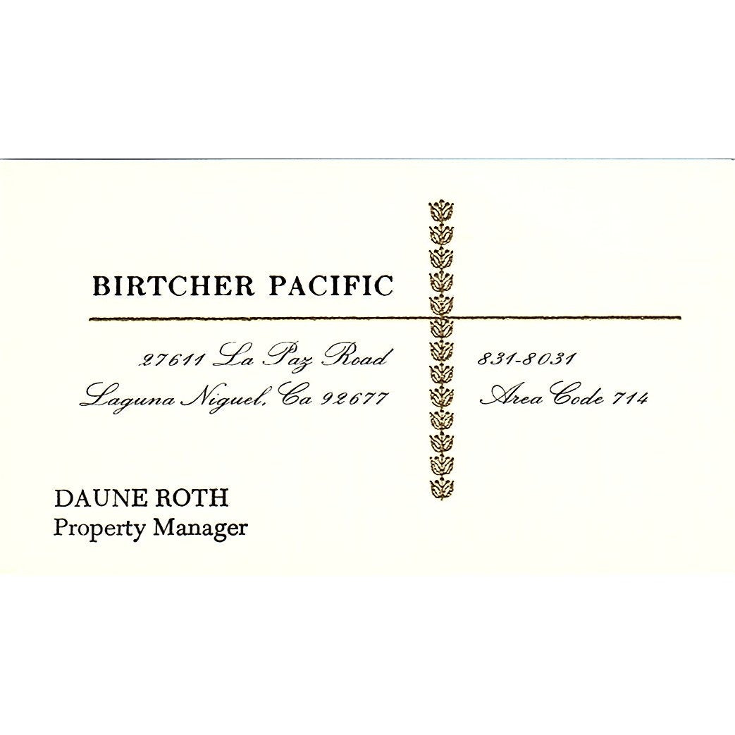 Duane Roth Birtcher Pacific Laguna Niguel CA Vintage Business Card SE3-B14