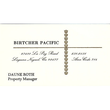 Duane Roth Birtcher Pacific Laguna Niguel CA Vintage Business Card SE3-B14