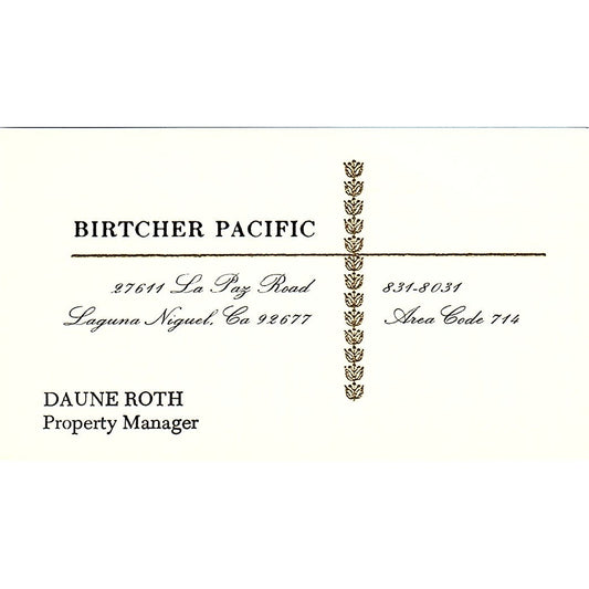 Duane Roth Birtcher Pacific Laguna Niguel CA Vintage Business Card SE3-B14