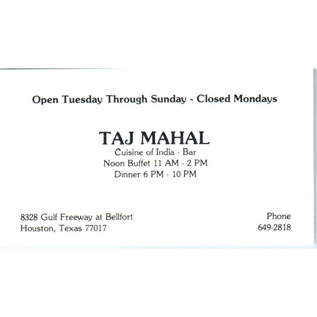 Taj Mahal Cuisine of India Houston TX Vintage Business Card SD8-B8