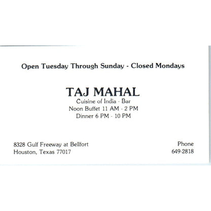Taj Mahal Cuisine of India Houston TX Vintage Business Card SD8-B8