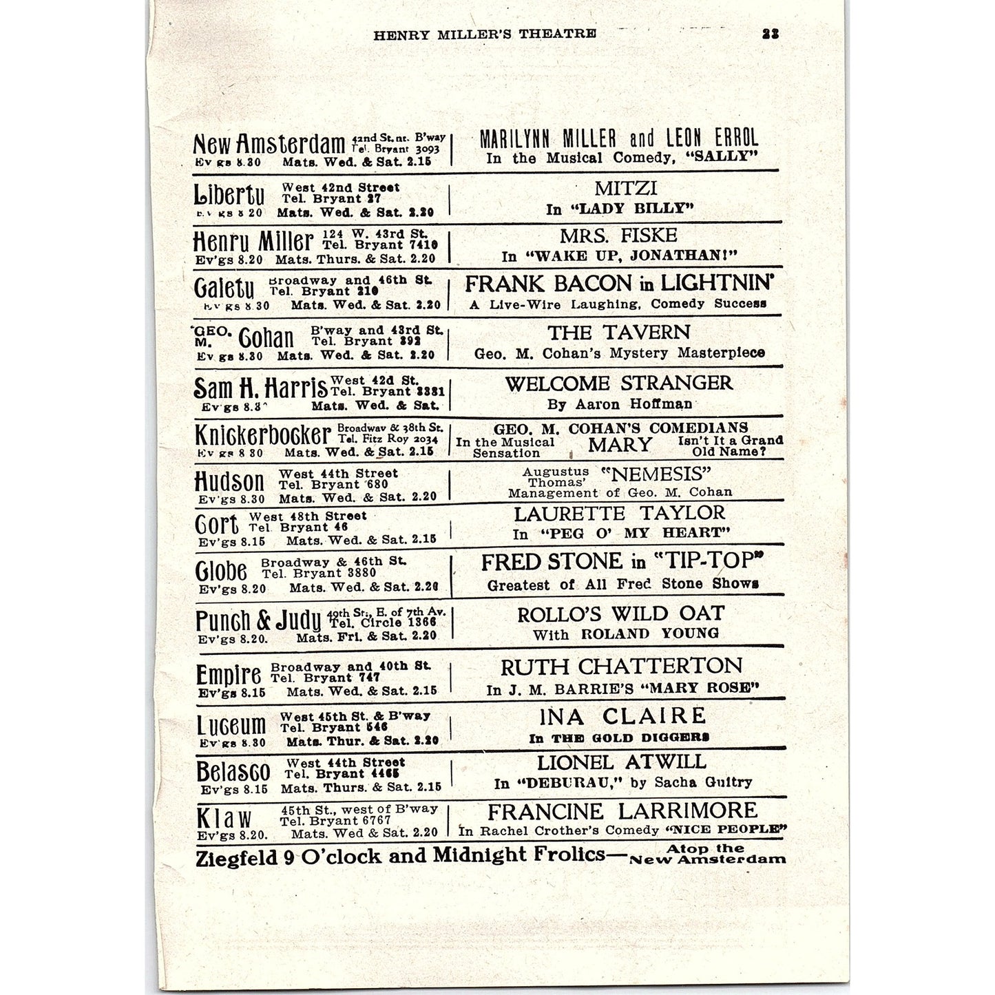 Henry Miller Theatre Layout Map New York 1921 Ad AF3-10