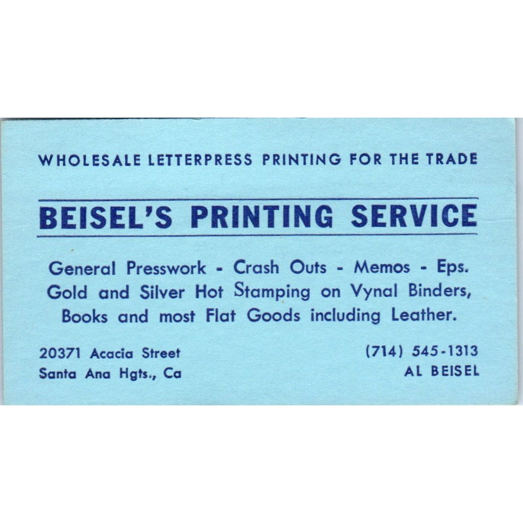 Al Beisel's Printing Service Santa Ana Heights CA Vintage Business Card SD4-B3