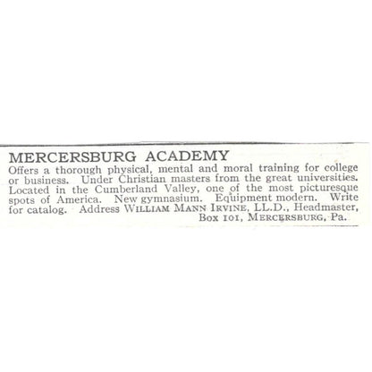 Mercersburg Academy William Mann Irvine PA c1918 Original Advertisement AE5-SV1