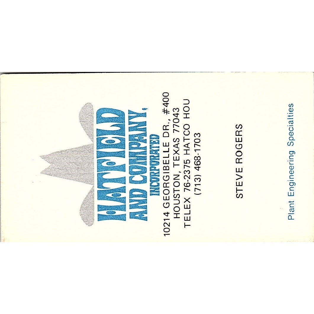 Hatfield & Company Steve Rogers Houston Texas Vintage Business Card SF3-B5