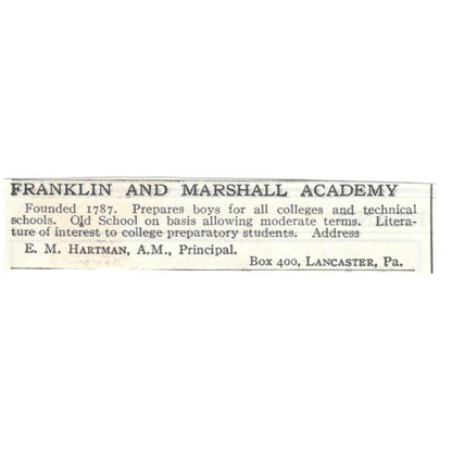 Franklin and Marshall Academy E.M. Hartman Lancaster c1918 Advertisement AE5-SA9