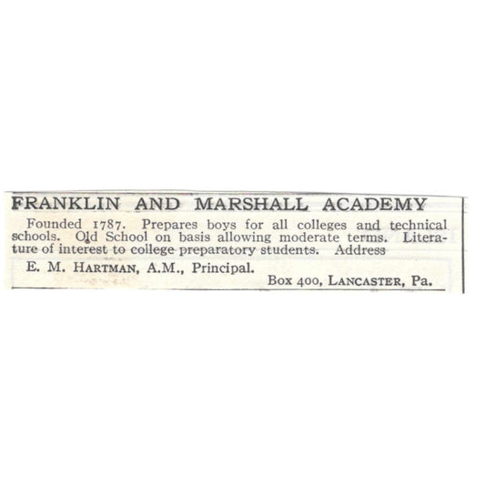 Franklin and Marshall Academy E.M. Hartman Lancaster c1918 Advertisement AE5-SA9