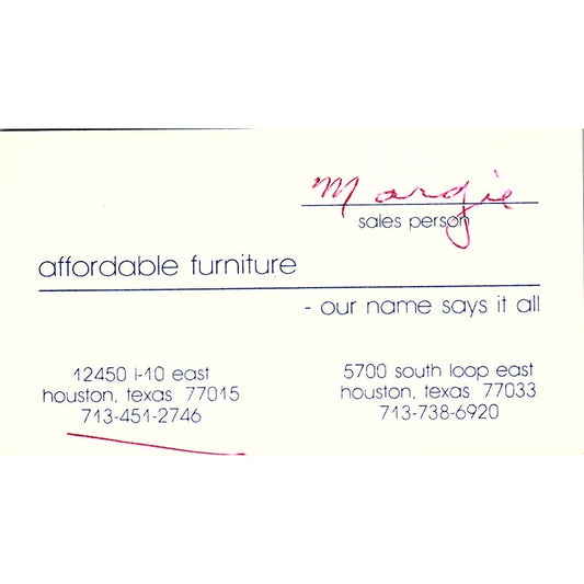 Affordable Furniture Margie Houston Texas Vintage Business Card SF3-B2