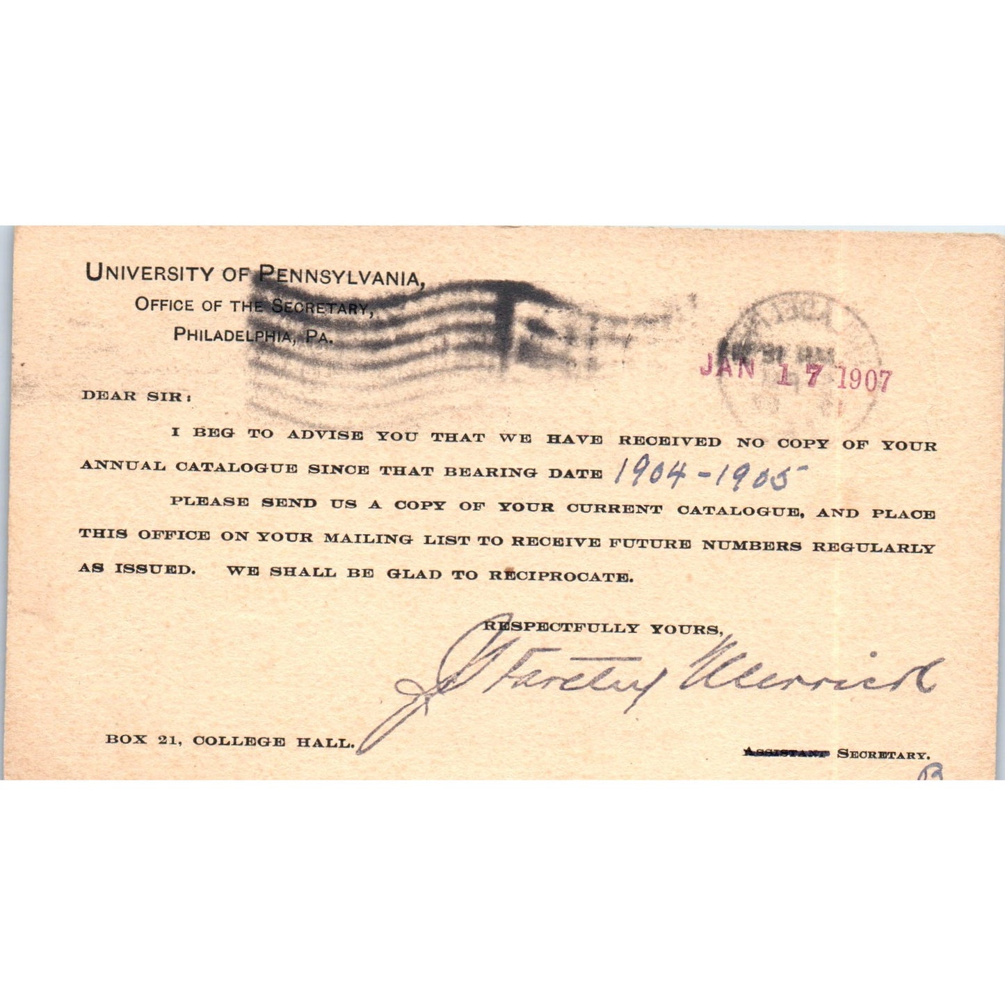 1907 University of Pennsylvania Postal Mailing Card AD8-RS1