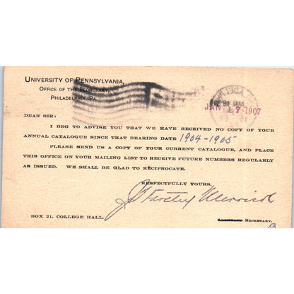 1907 University of Pennsylvania Postal Mailing Card AD8-RS1