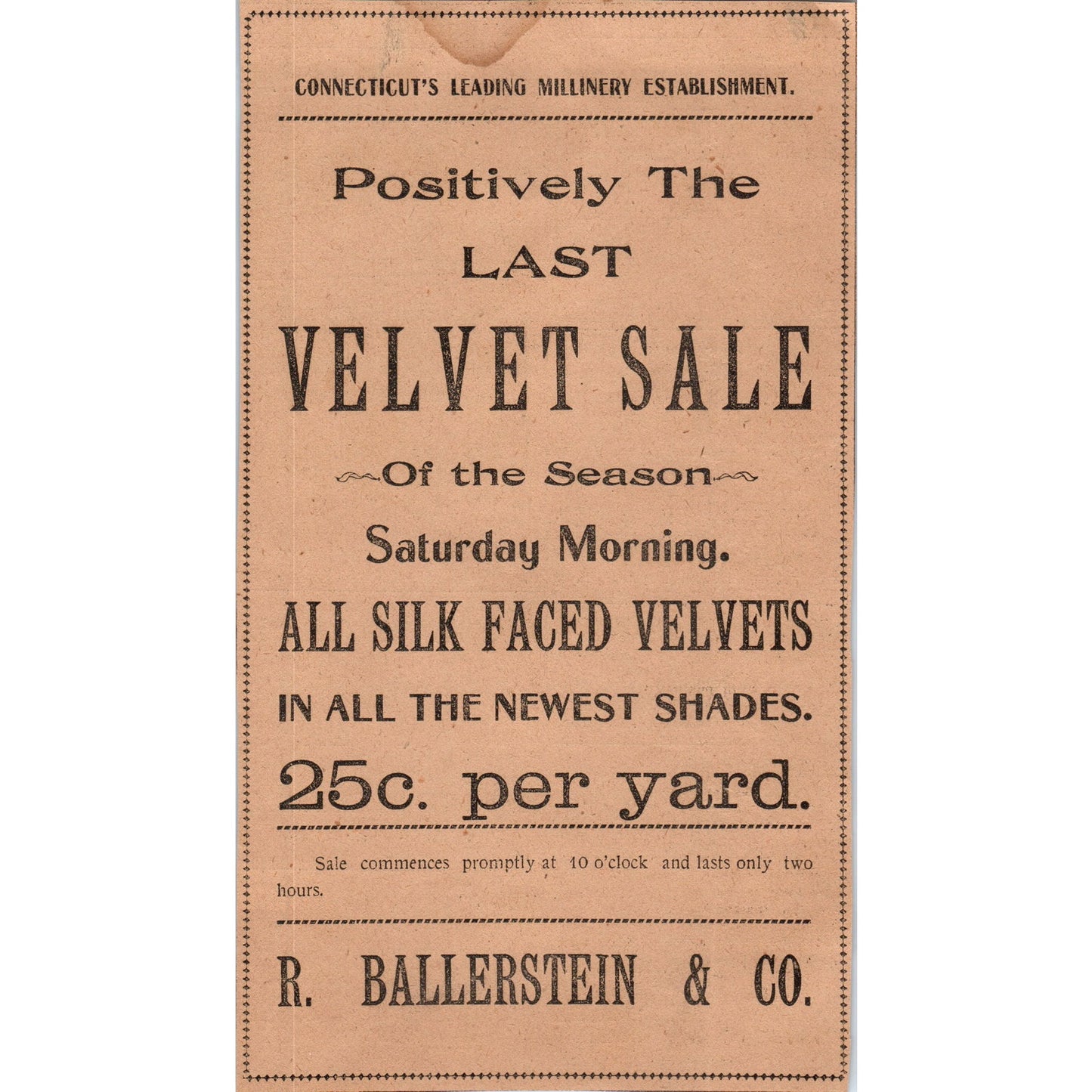 R. Ballerstein & Co Velvet Sale Hartford 1901 Newspaper Ad AD8-H1
