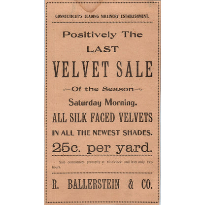 R. Ballerstein & Co Velvet Sale Hartford 1901 Newspaper Ad AD8-H1