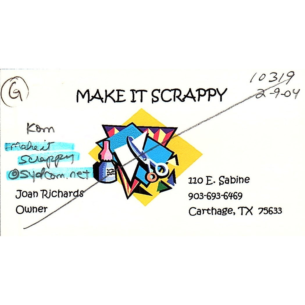 Joan Richards Make it Scrappy Carthage TX Vintage Business Card SC9-B11