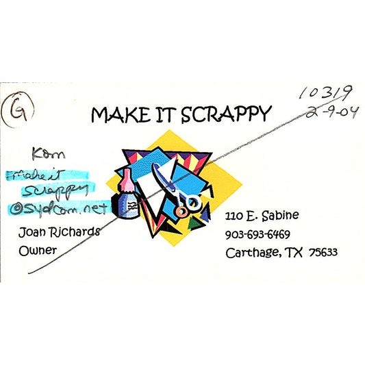 Joan Richards Make it Scrappy Carthage TX Vintage Business Card SC9-B11