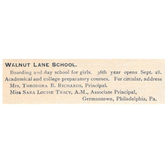 Walnut Lane School Theodora Richards Sara Louise Tracy Germantown 1892 Ad AK6-S5