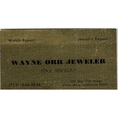 Wayne Orr Jeweler Costa Mesa California Vintage Business Card SB4-B10