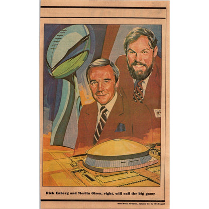 Superbowl XV Merlin Olson Dick Enberg Illustration 1981 Ft. Myers Clipping AI5-5