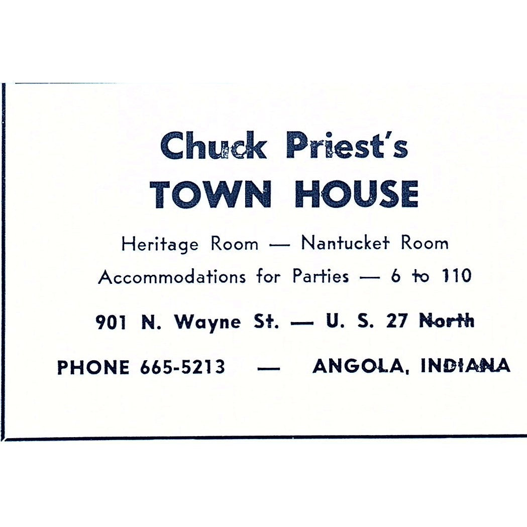 Chuck Priest's Town House 901 N. Wayne St Angola Indiana 1964 Ad AG1-M7
