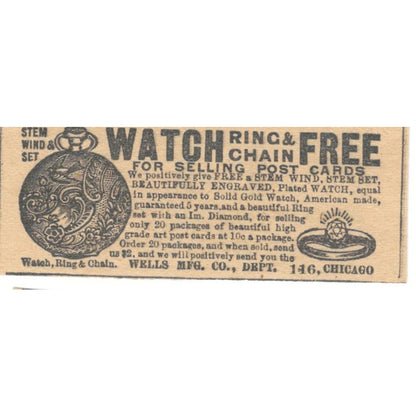 Pocket Watch & Ring Giveaway Wells Mfg Co Chicago 1910 Magazine Ad AF1-SS6