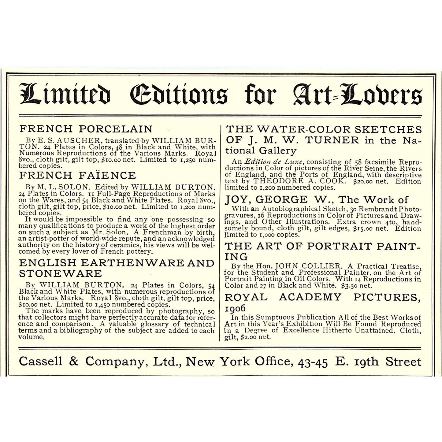 Cassell & Co Ltd Art Prints New York E. 19th St - 1906 Ad AF5-3