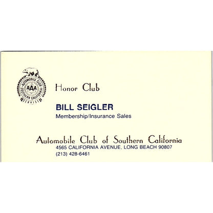 Bill Seigler AAA of Southern California Long Beach Vintage Business Card SD9-B2