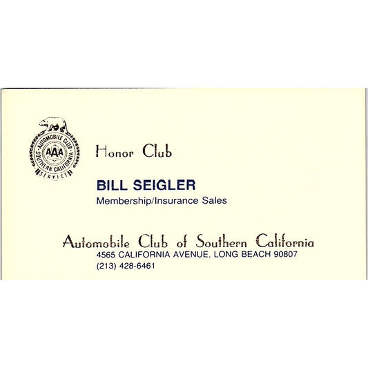 Bill Seigler AAA of Southern California Long Beach Vintage Business Card SD9-B2